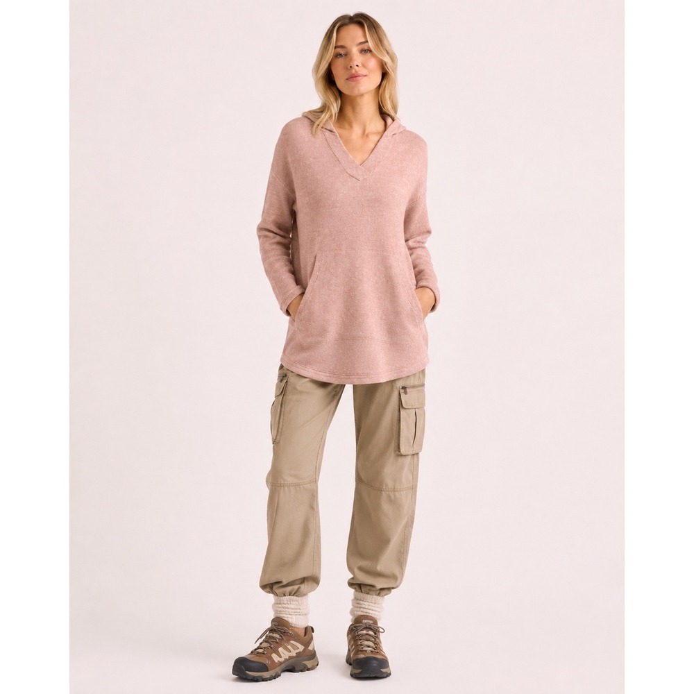 Faherty Coastal Pink Heather Knit Baja V-Neck Hooded Pullover Sweater Hoodie 30"